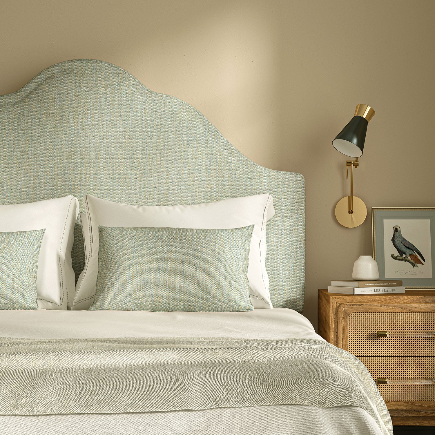 Upholstered headboard in Loxley Powder Blue by Linwood – Italian-woven blue weave.