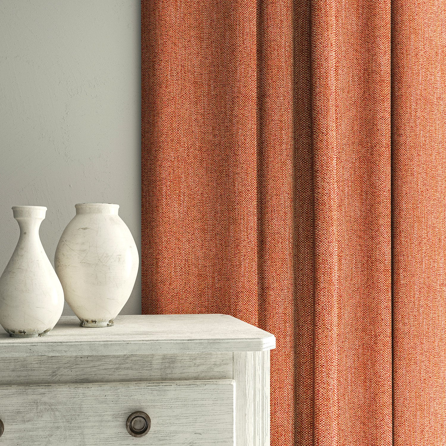 Curtain in Loxley Punch by Linwood – pink-red Italian-woven fabric with rich texture and depth.