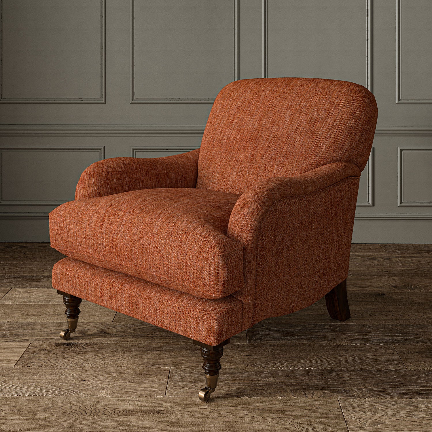 Armchair in Loxley Redwood by Linwood – durable, Italian-woven natural fibre fabric in deep russet.