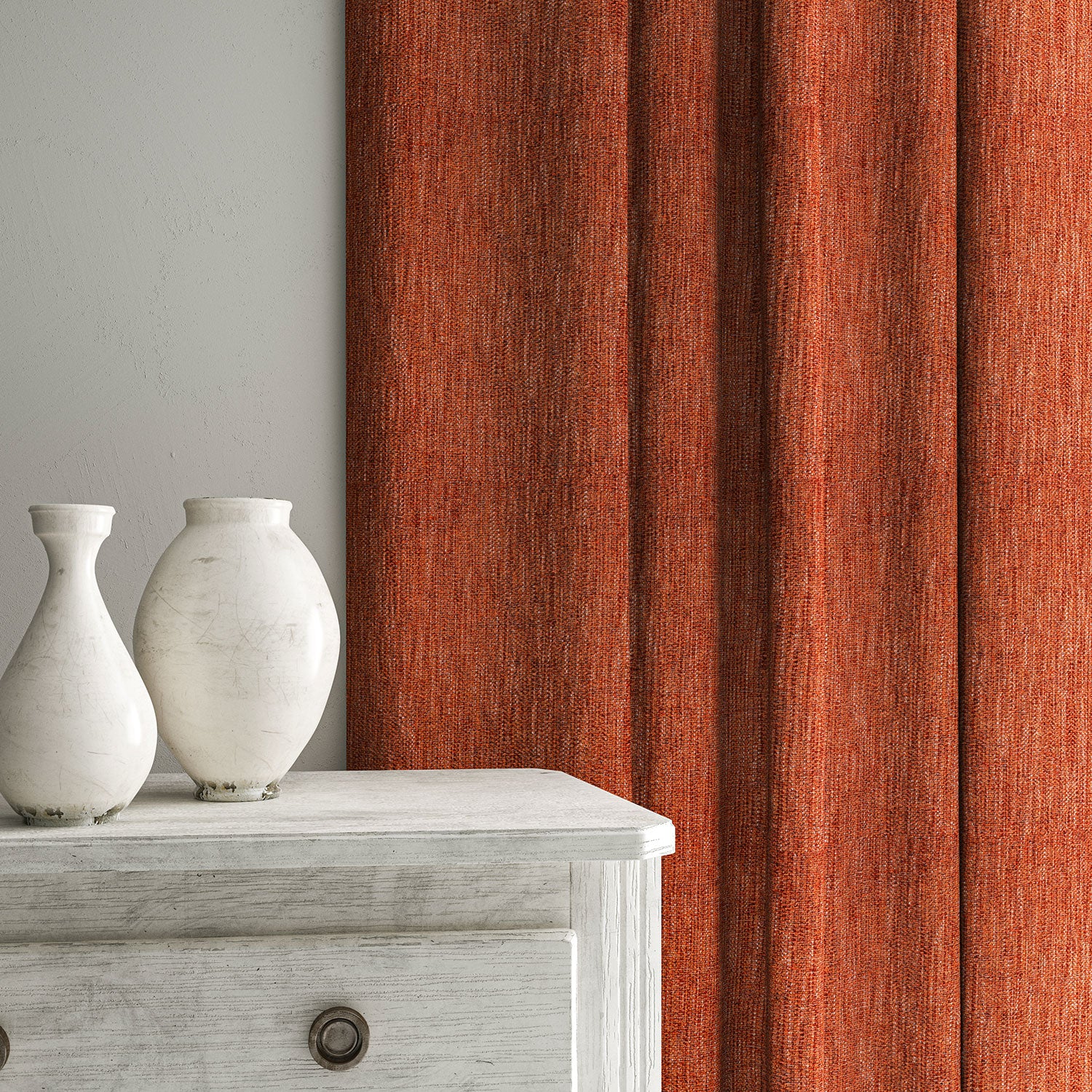 Curtain in Loxley Redwood by Linwood – red-brown Italian-woven fabric with rich texture and depth.
