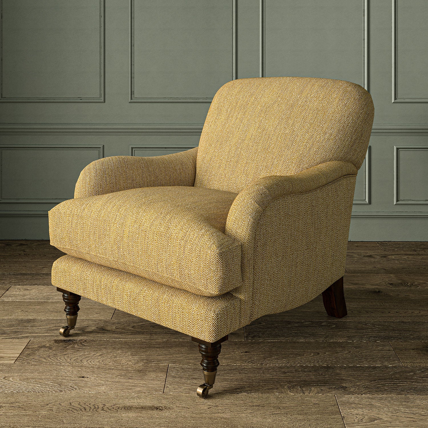 Armchair in Loxley Sand Dune by Linwood – durable, Italian-woven natural fibre fabric in soft beige.