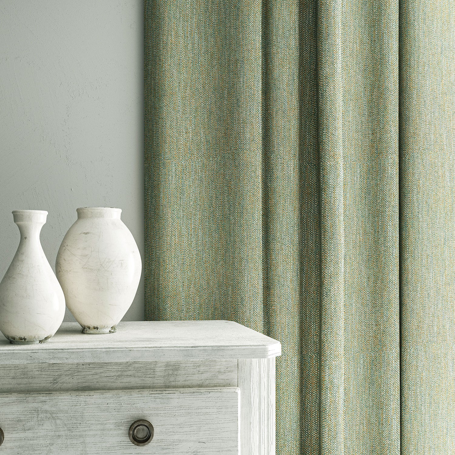 Curtain in Loxley Seagreen by Linwood – green Italian-woven fabric with rich texture and depth.