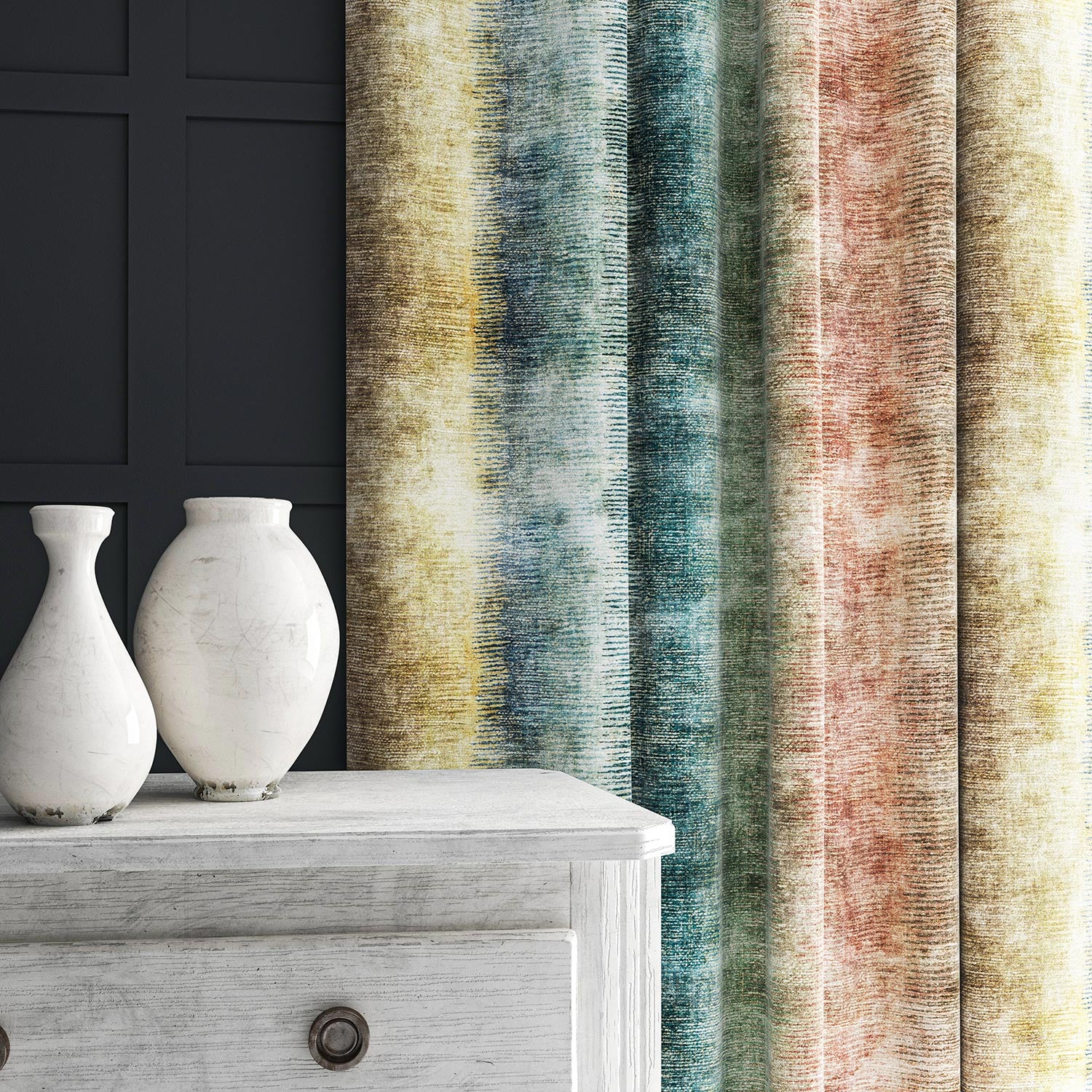 A curtain in a multicoloured printed velvet with pastel stripes.