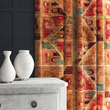 Curtains in a multicoloured printed velvet fabric featuring an abstract geometric pattern.