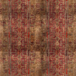 A printed velvet fabric sample in red and brown featuring a stripe kilim pattern.