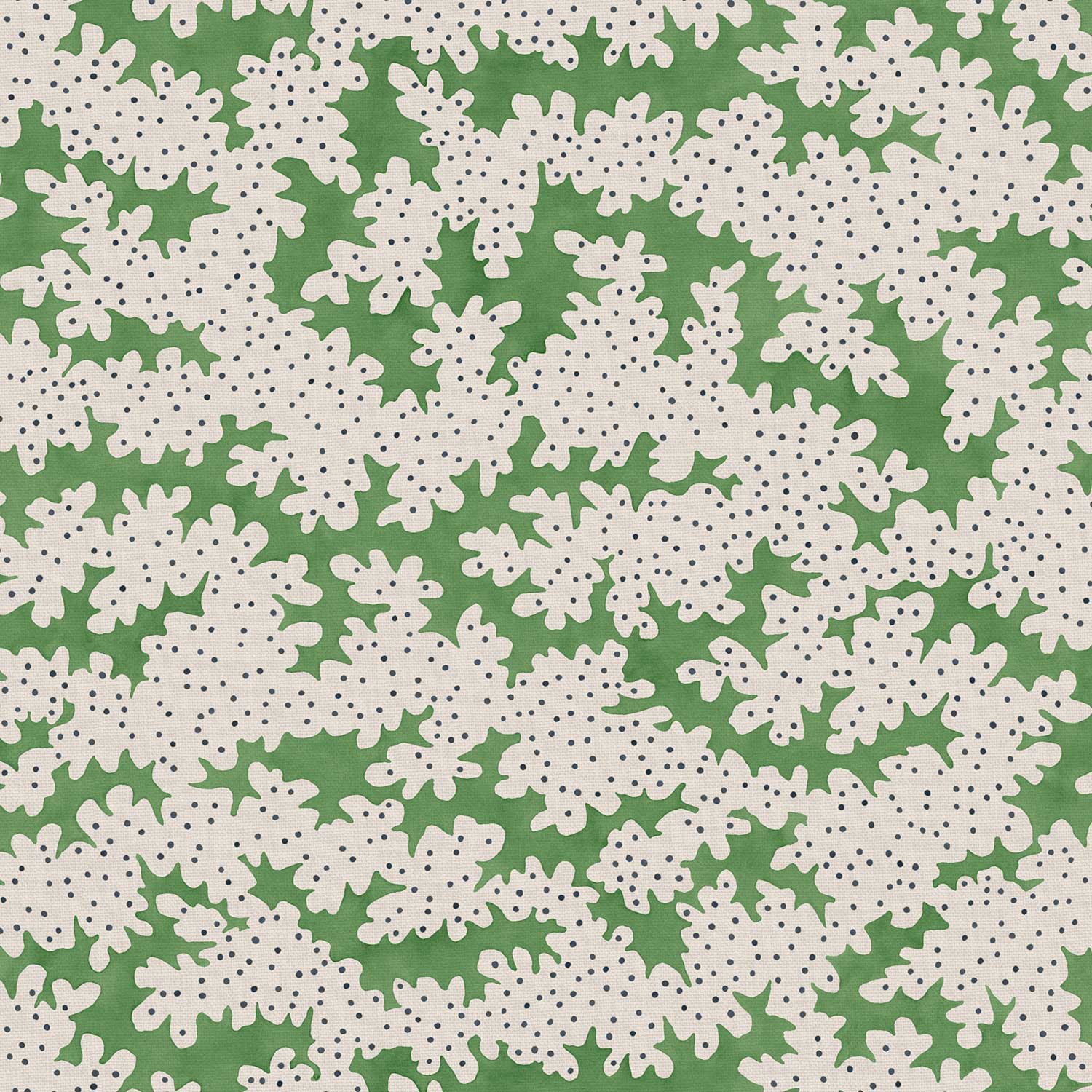 A printed linen fabric sample in green, black and off white featuring a stylized coral pattern.