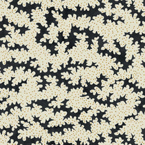 A printed linen fabric sample in black, brown and off white featuring a stylized coral pattern.
