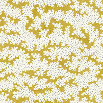 A printed linen fabric sample in yellow, blue and off white featuring a stylized coral pattern.