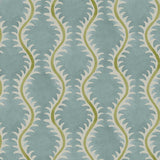 A printed linen fabric sample in blue, green and off white featuring a stylized fern pattern.