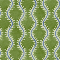 A printed linen fabric sample in blue and green featuring a stylized fern pattern.