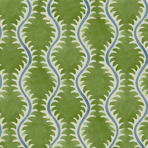 A printed linen fabric sample in blue and green featuring a stylized fern pattern.