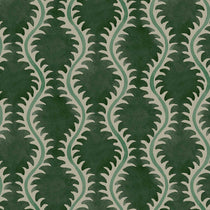 A printed linen fabric sample in green and off white featuring a stylized fern pattern.