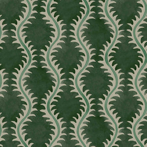 A printed linen fabric sample in green and off white featuring a stylized fern pattern.