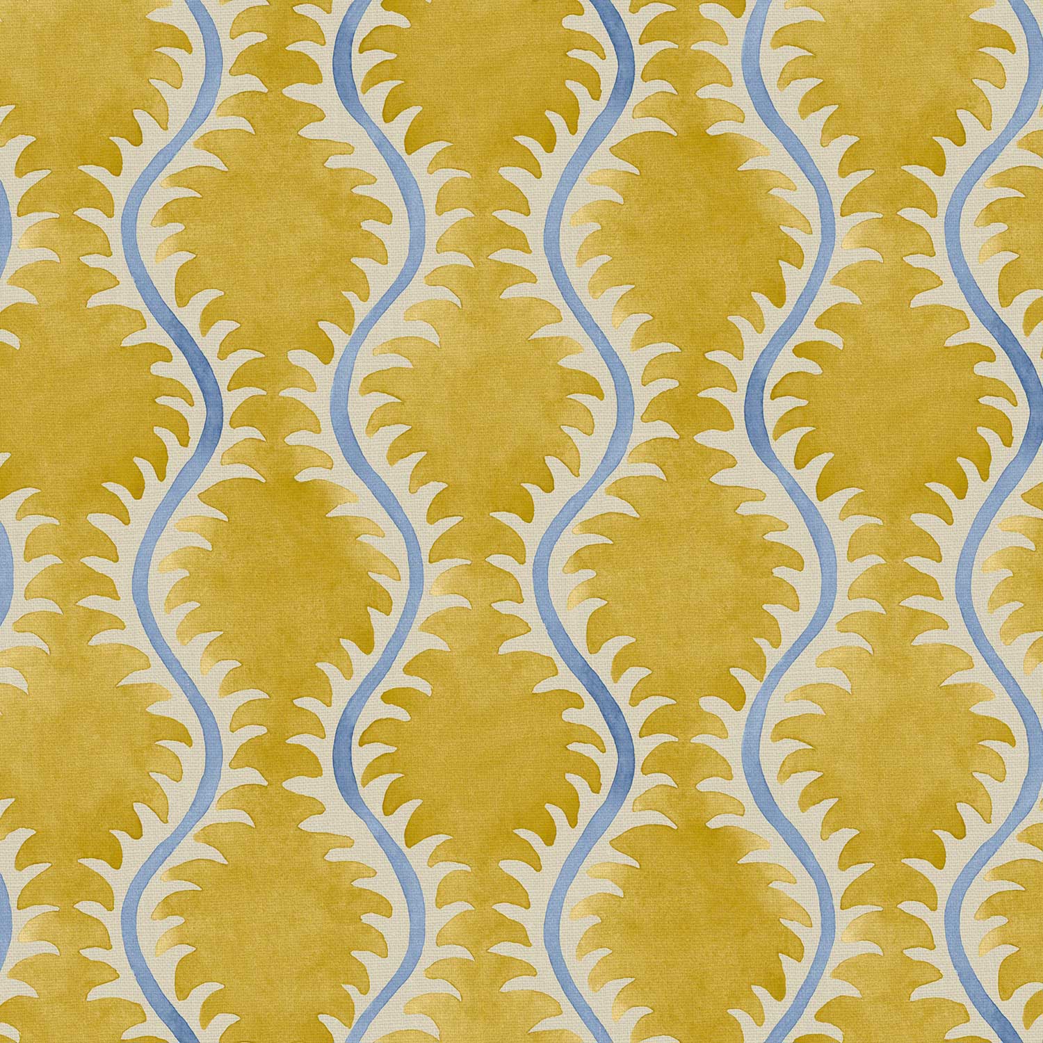 A printed linen fabric sample in yellow, blue and off white featuring a stylized fern pattern.
