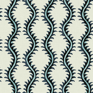 A printed linen fabric sample in blue and off white featuring a stylized fern pattern.