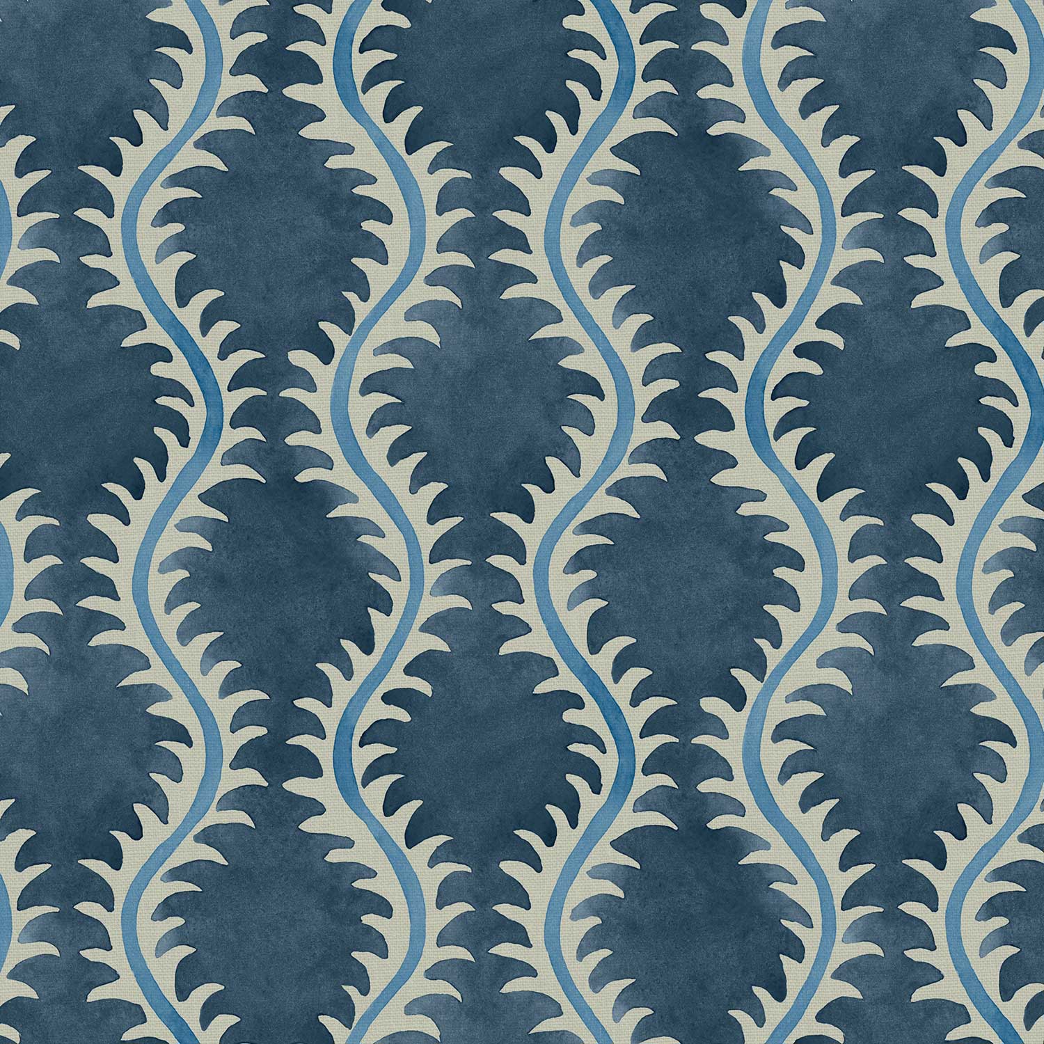 A printed linen fabric sample in blue and off white featuring a stylized fern pattern.