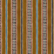 A multicoloured printed linen fabric sample featuring stripes, wavy edges and zigzags.