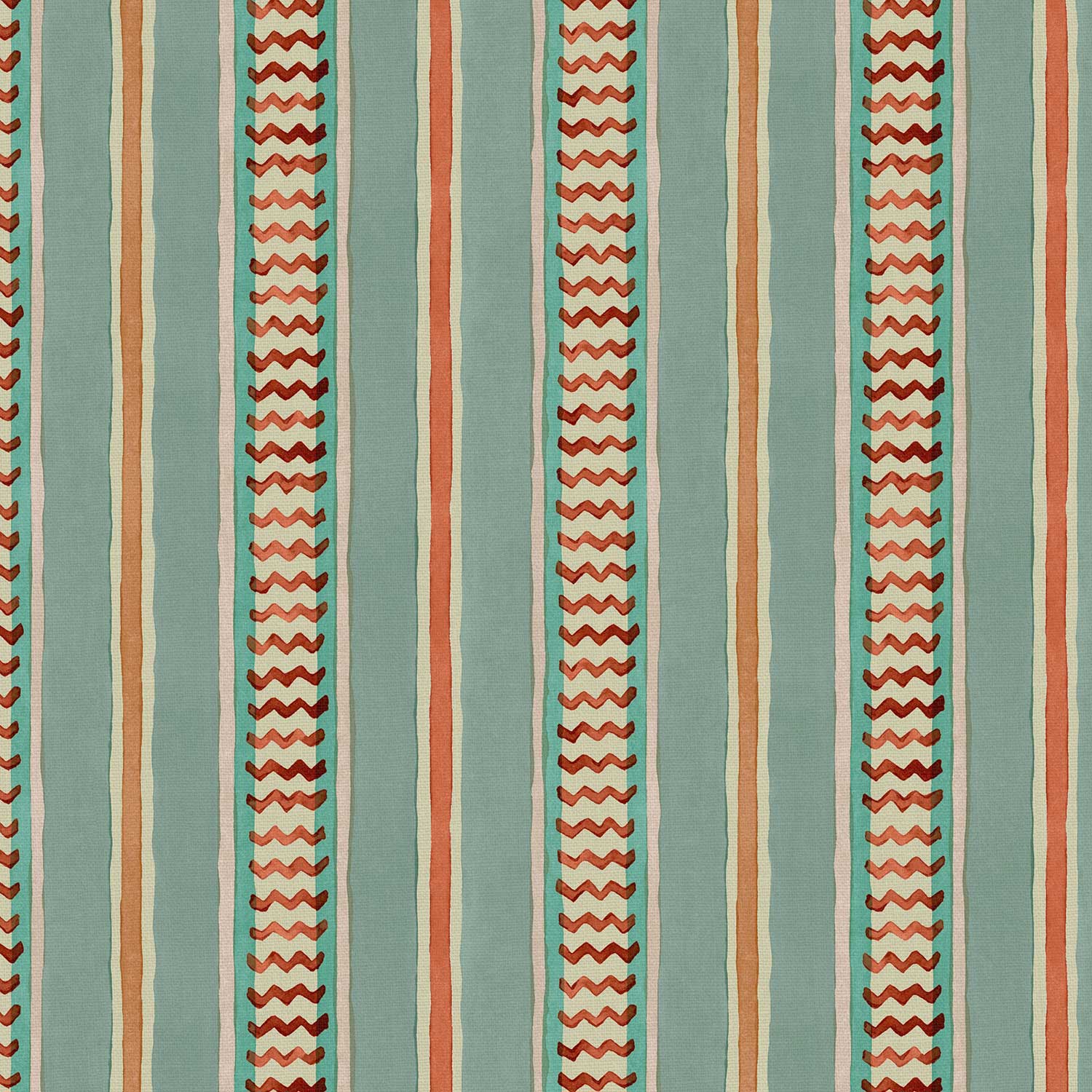 A multicoloured – blue, red and pink – printed linen fabric sample featuring stripes, wavy edges and zigzags.