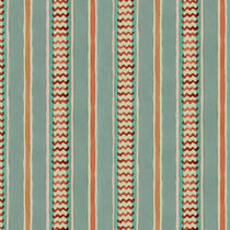A multicoloured – blue, red and pink – printed linen fabric sample featuring stripes, wavy edges and zigzags.