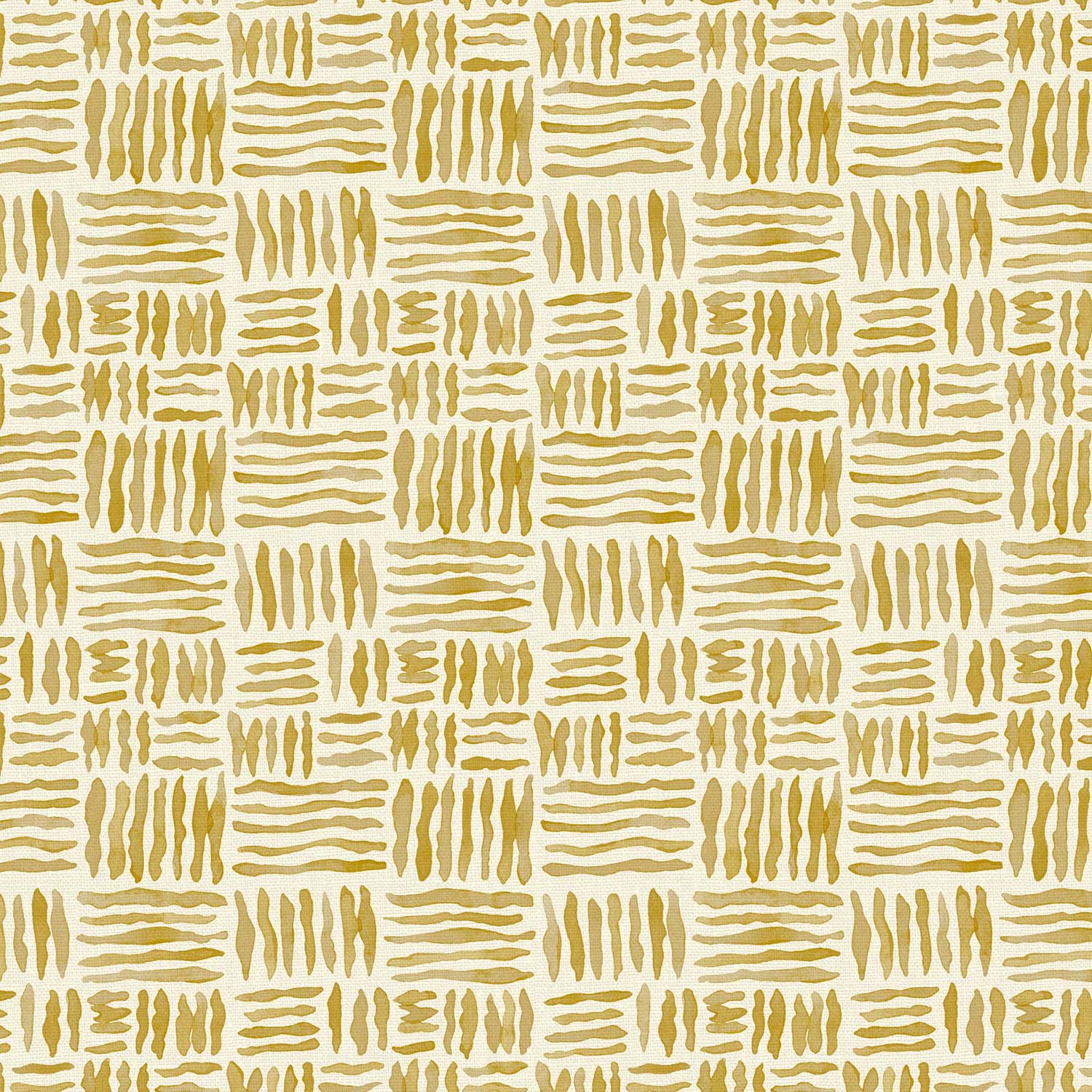 A printed linen fabric sample in yellow and off white featuring a basketweave pattern.