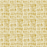 A printed linen fabric sample in yellow and off white featuring a basketweave pattern.