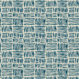 A printed linen fabric sample in blue and off white featuring a basketweave pattern.