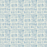 A printed linen fabric sample in blue and off white featuring a basketweave pattern.