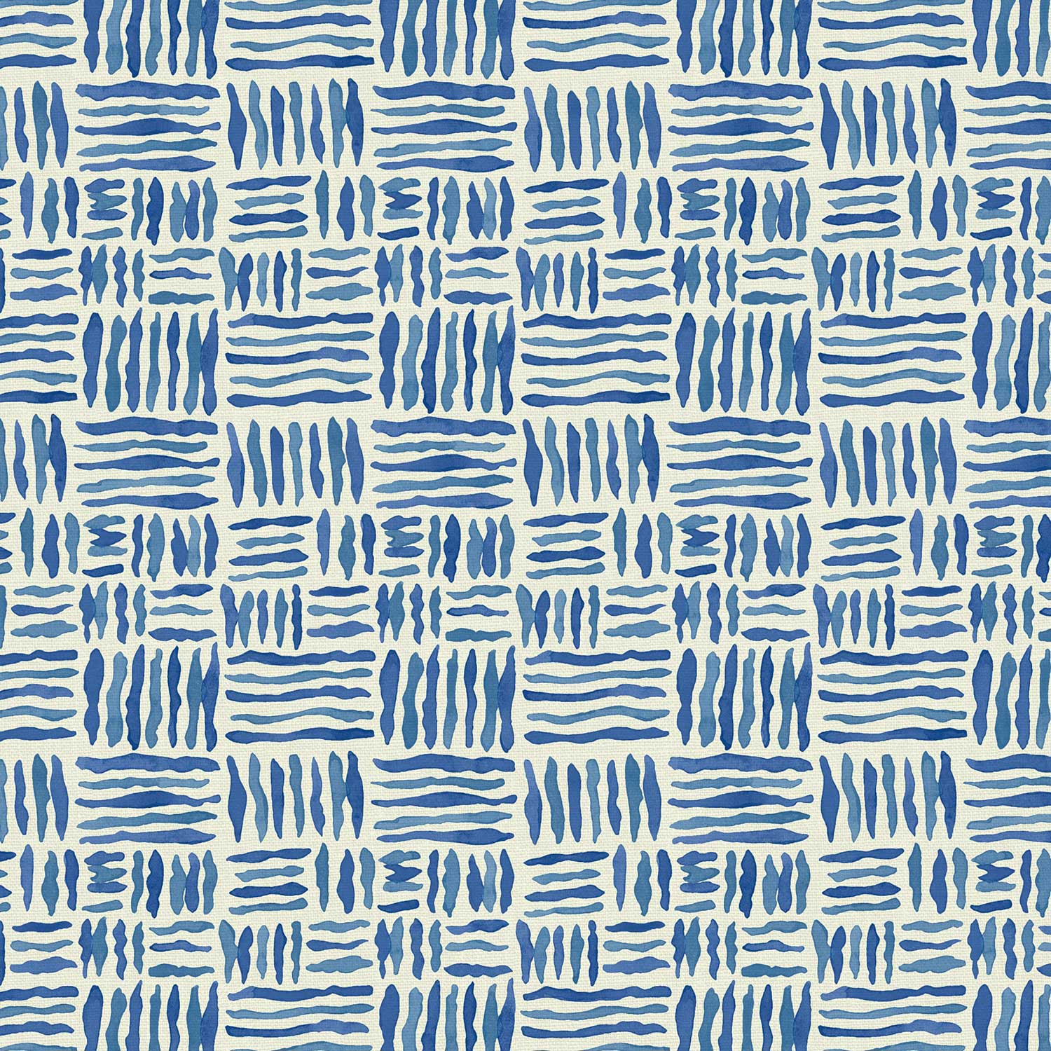 A printed linen fabric sample in blue and off white featuring a basketweave pattern.