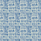A printed linen fabric sample in blue and off white featuring a basketweave pattern.