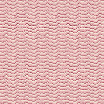 A printed linen fabric sample in  pink, red and off white featuring a sound wave pattern