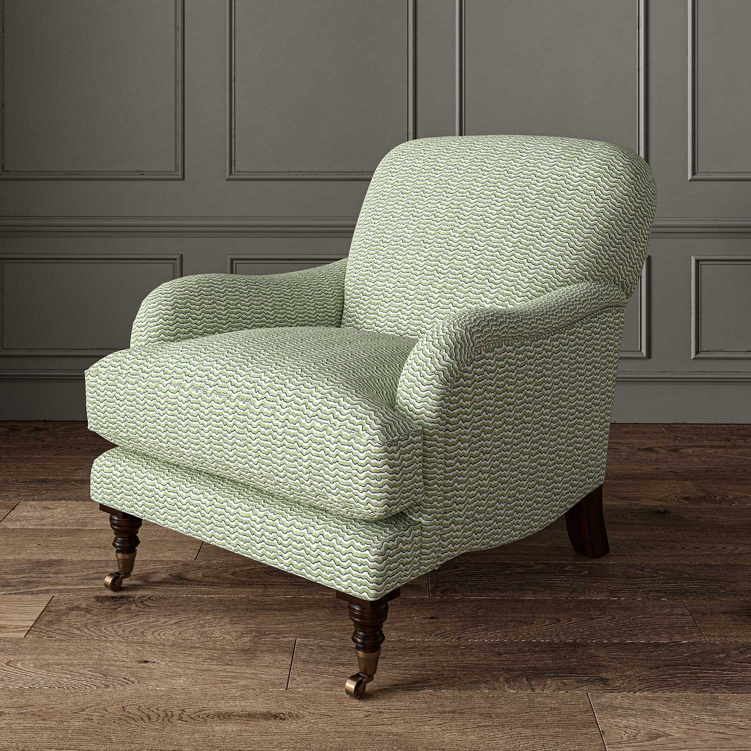 Chair upholstered in a printed linen fabric in green, black and off white featuring a sound wave pattern