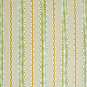 Patterned embroidered fabric with green and gold stripes on a beige background.