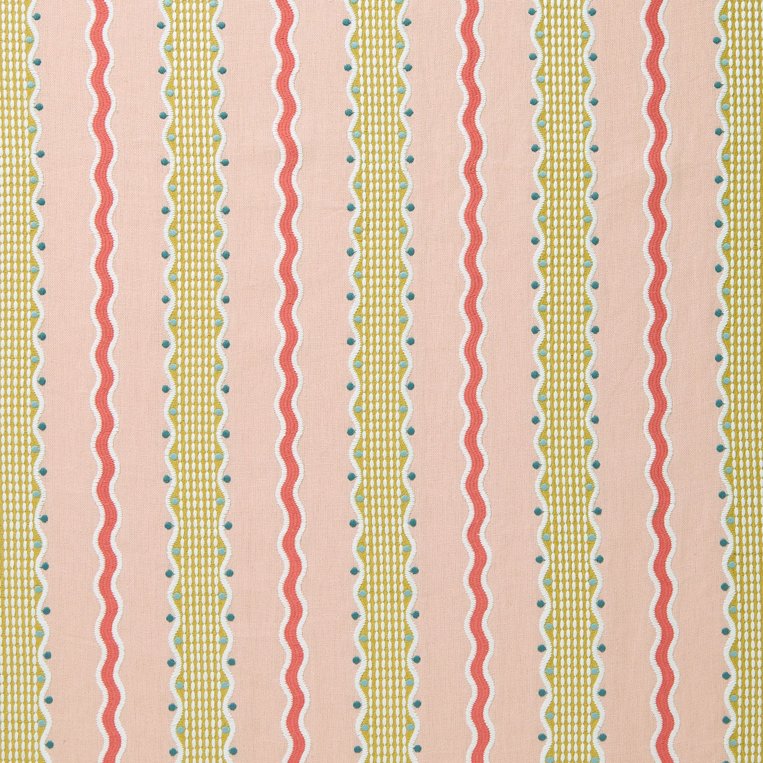 Embroidery fabric with wavy lines and small dots on a pink background.