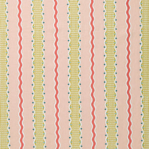 Embroidery fabric with wavy lines and small dots on a pink background.