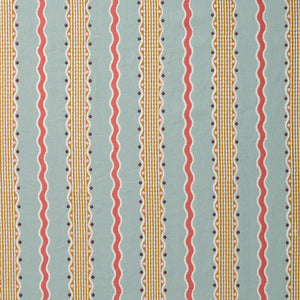 Embroidery fabric with vertical stripes in red, beige, and brown on a light blue background.