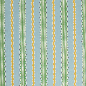 Embroidery fabric with green and yellow stripes on a blue background.
