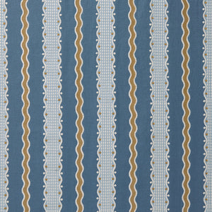 Embroidery fabric with blue, beige, and white stripes on a blue background.