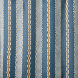 Embroidery fabric with blue, beige, and white stripes on a blue background.