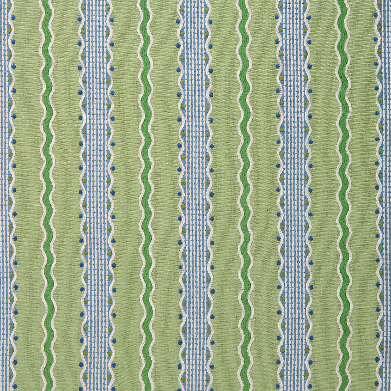 Embroidery fabric with green, blue, and white stripes on a green background.