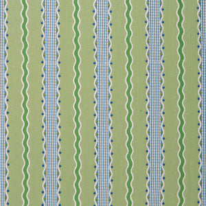 Embroidery fabric with green, blue, and white stripes on a green background.