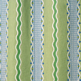 Embroidery fabric with green, blue, and white stripes on a green background.