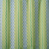 Embroidery fabric with green, blue, and white stripes on a green background.