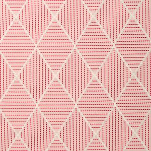 Geometric embroidery pattern with white lines on a pink background.