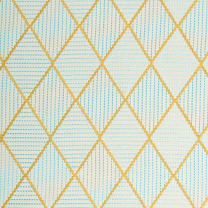 Geometric embroidery pattern with yellow and blue lines on a textured background.