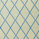Geometric embroidery pattern with blue and beige lines on a textured background