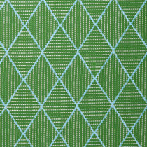 Geometric embroidery pattern with green and blue lines on a green background.