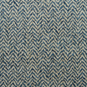A woven fabric sample in blue and off-white featuring a herringbone pattern.