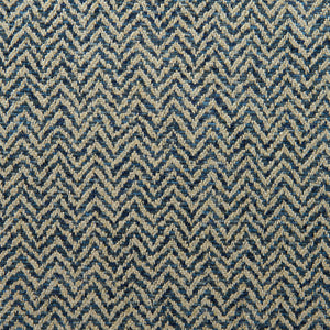 A woven fabric sample in blue and off-white featuring a herringbone pattern.