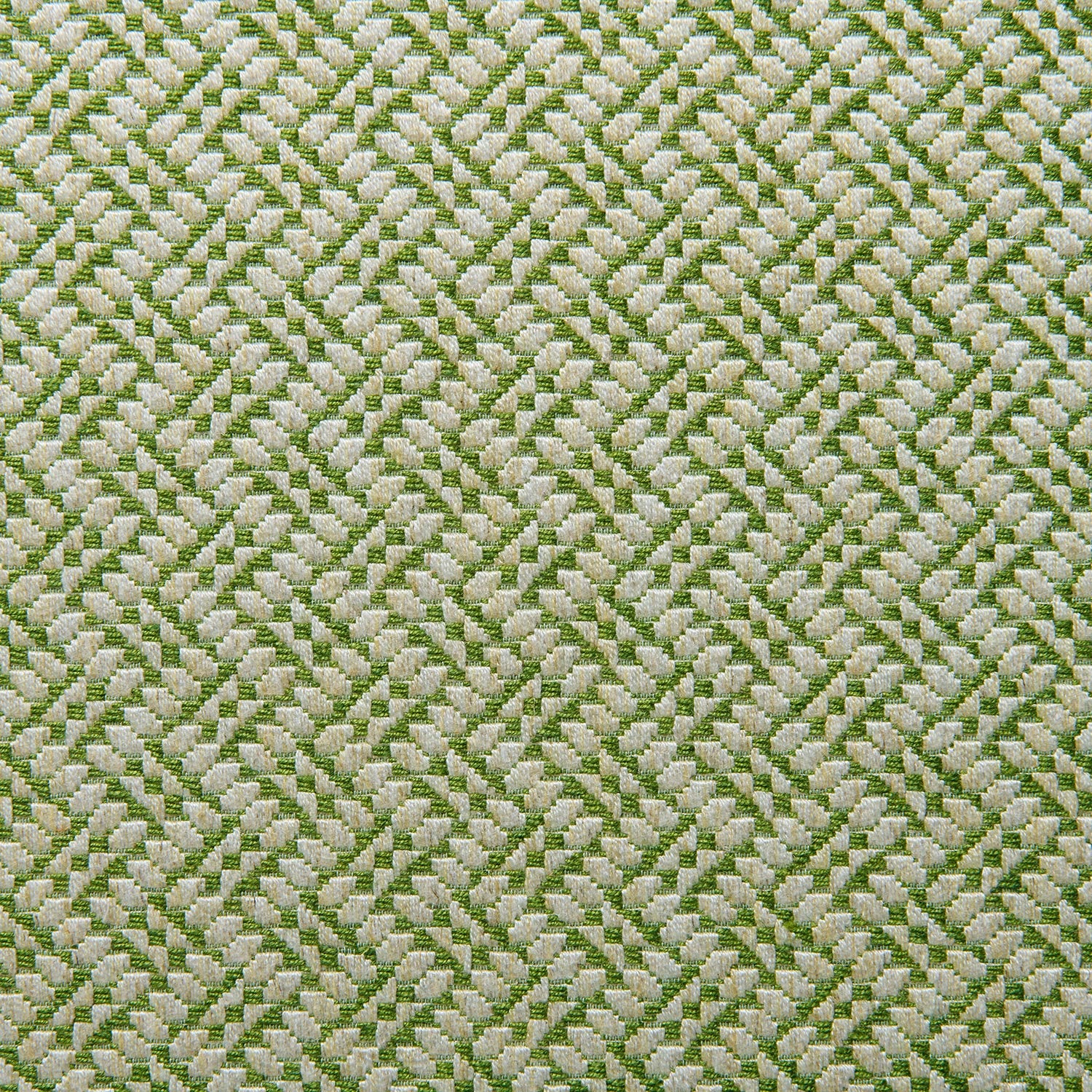 A woven fabric sample in green and off-white featuring a trellis pattern.