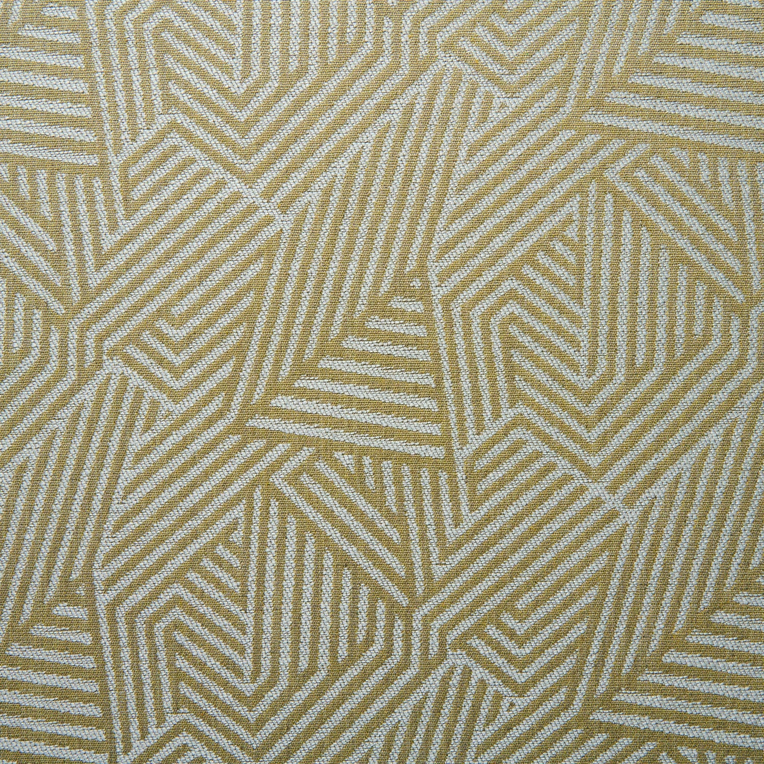 A woven fabric sample in yellow and off-white featuring a geometric pattern.